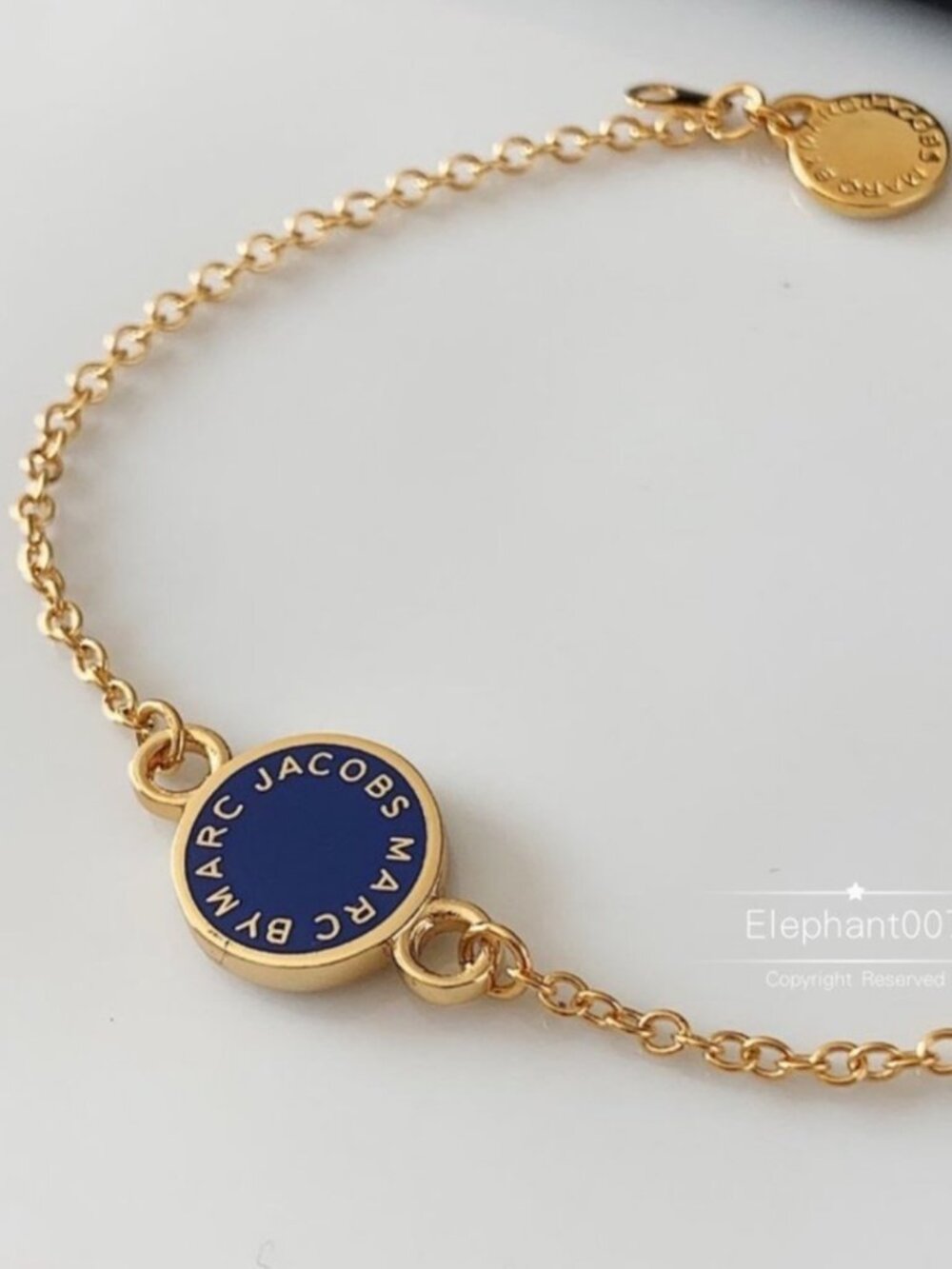 Marc Jacobs Blue Enamel Disc Chain Bracelet Gold Tone Minimalist Logo Bracelet